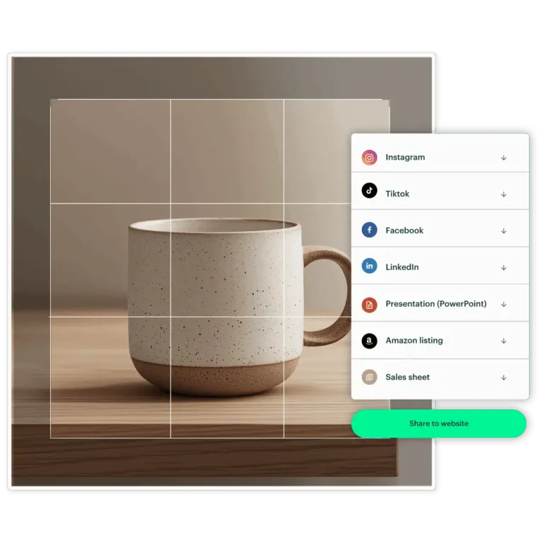 A cup with overlay of Kontainer DAM cropping tool and a lost of download option presets