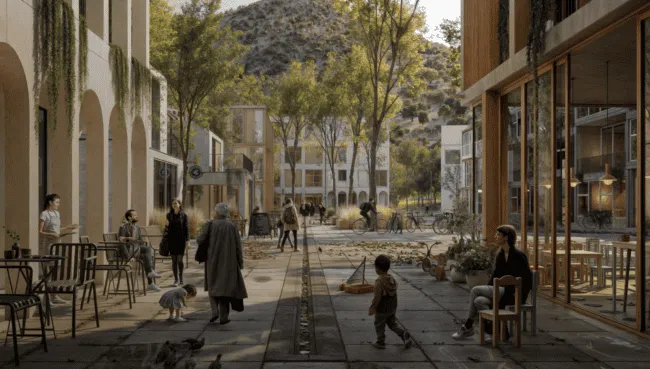 Hero-The-softer-edge A rendering of a courtyard with people walking and sitting.