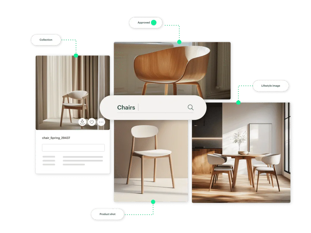 Fours images of chairs enriched with searchable data in Kontainer Digital Asset Management (DAM)