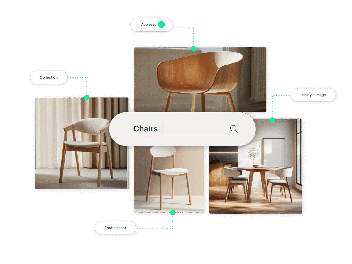 Kontainer Digital Asset Management_DAM_tagging and search Images of chairs tagged with data types in Kontainer DAM and a search field with the word 'chair'