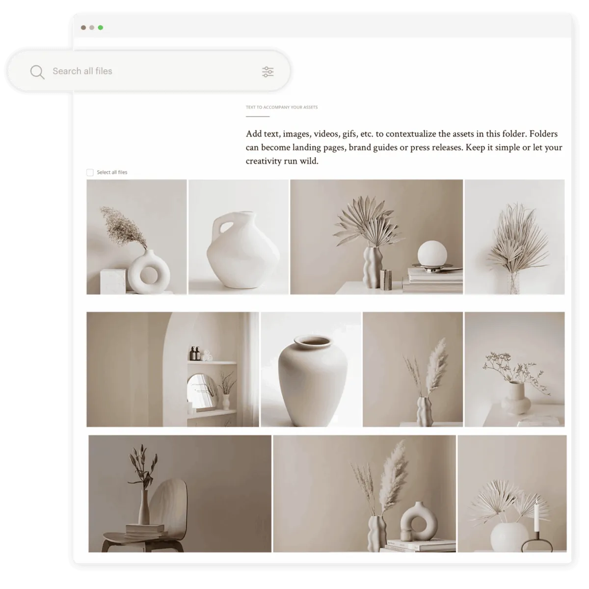 Overview of Kontainer DAM  with images of vases and an accompanying header text with a pop-up search field. 