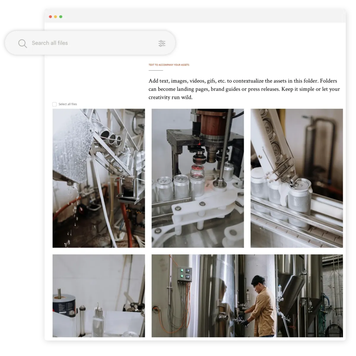 DAM overview Kontainer_Manufactoring Kontainer öffnet sich im Browserfenster mit einer Übersicht von Bildern aus einer Bierfabrik. Die Suchleiste springt heraus.