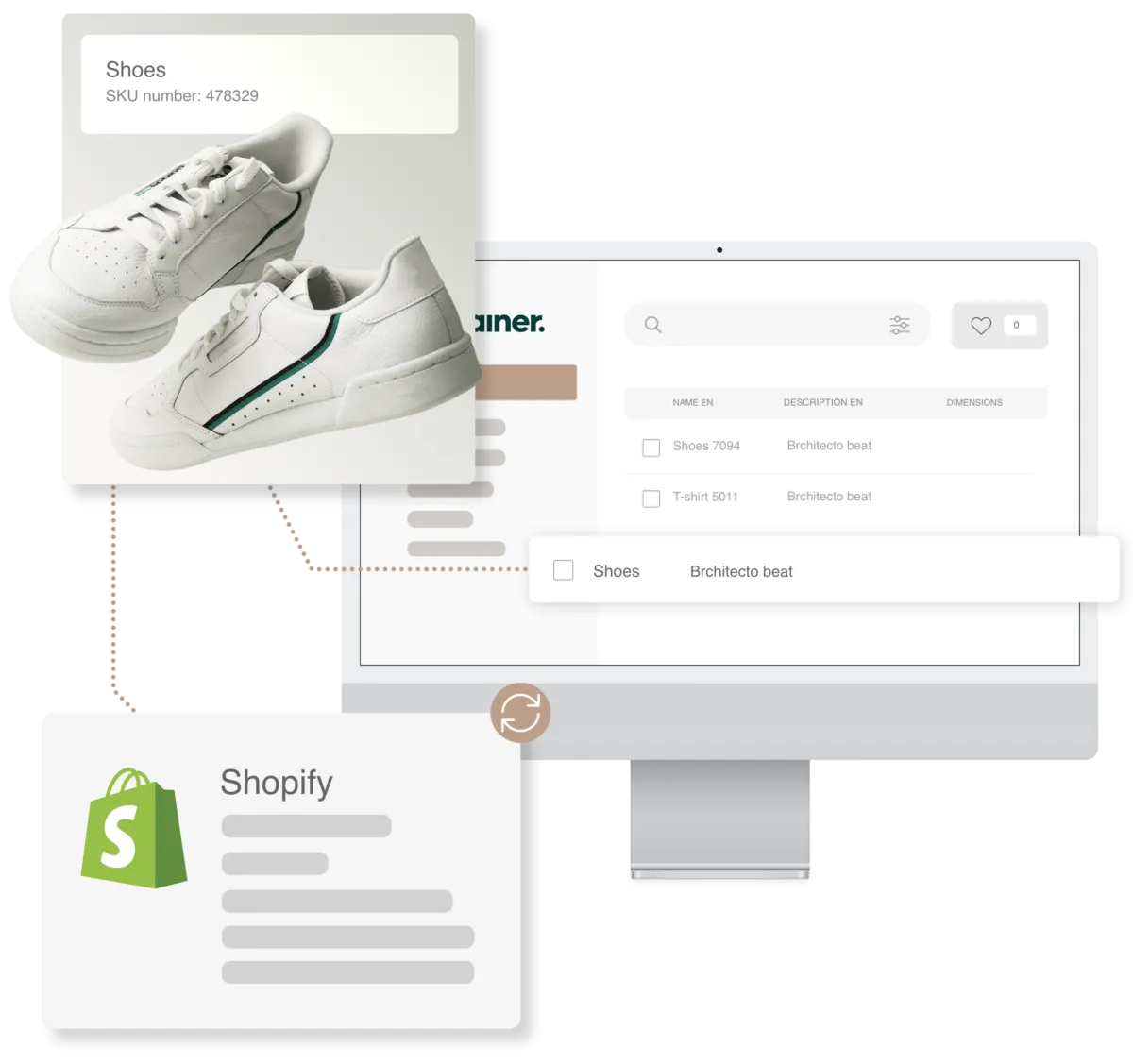 Kontainer PIM_Data and files online distribution Data relating to a pair of trainers popping out from Kontainer PIM open on a screen, synchronizing to Shopify.