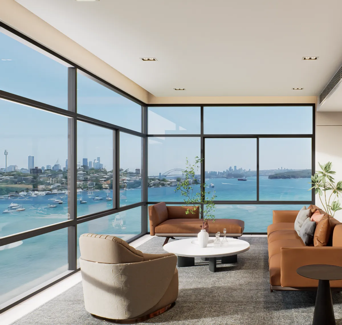 AWS company profile Modern living room with floor-to-ceiling windows overlooking Sydney Harbour